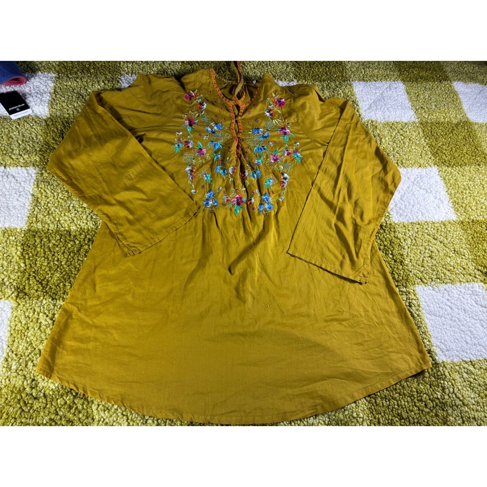 Johnny Was Mustard Yellow Embroidered Cotton Tunic Top Floral Boho Large L